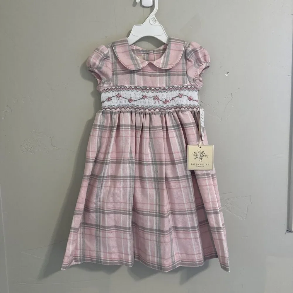 Laura Ashley Pink and Gray Plaid Smocked Dress